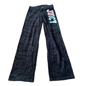 Juicy Couture Black Velour Pants Colorful Logo Sz P Vintage Y2K 90s